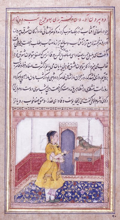Khujista praat met de papegaai door Mughal School