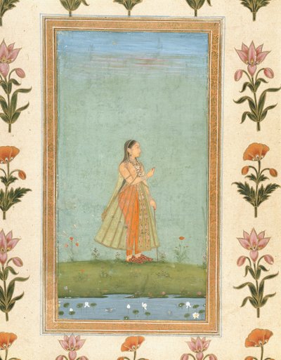 Dame met een bloem, staand bij een lelievijver, uit het Kleine Clive Album door Mughal School