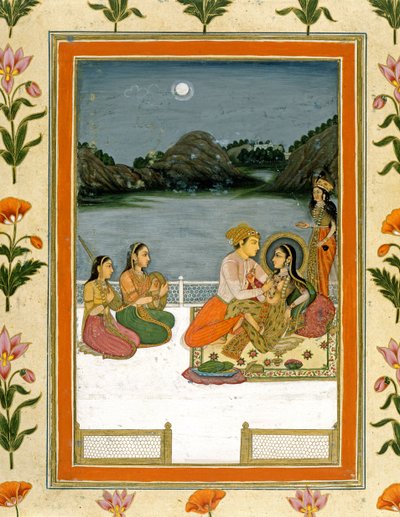 Liefhebbers op een terras bij een maanverlichte meer, uit het Kleine Clive Album door Mughal School