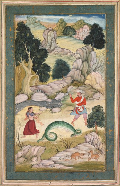 Geliefden die uit elkaar gaan, pagina uit een boek met fabels, ca. 1590-95 (dekkende aquarel met goud op papier) door Mughal School