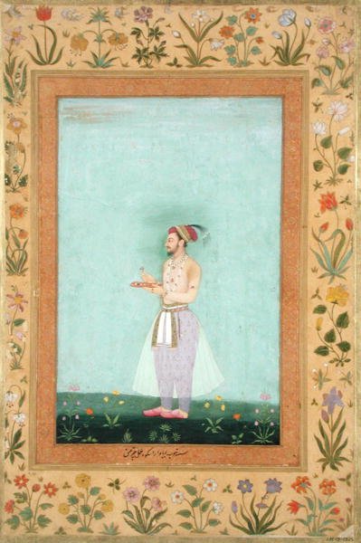 Prins Dara Shikuh met een dienblad met juwelen, uit het Minto Album door Mughal School
