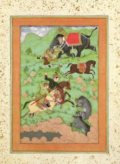 Rajput prinsen jagen op beren; een mahout en zijn olifant redden een gevallen ruiter van een tijger, uit het Large Clive Album door Mughal School