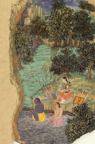 Rama en Lakshmana bieden water aan hun overleden vader aan de oevers van de Mandakini-rivier, c.1595 door Mughal School