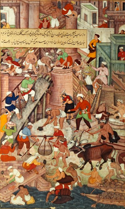 Het Rode Fort in Agra tijdens de bouw, uit het 