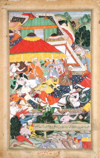 De Verwonding van Kilan Khan door een Rajiput tijdens zijn mars naar Gujarat in 1573, uit de 