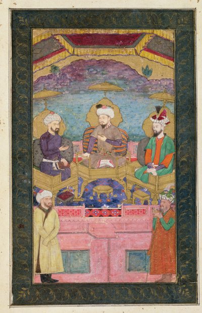 Timur (1336-1405), Babur (1483-1530, r.1526-30) en Humayan (1508-56, r.1530-56) samen op de troon, uit het Grote Clive Album, naar een origineel uit de 17e eeuw door Mughal School