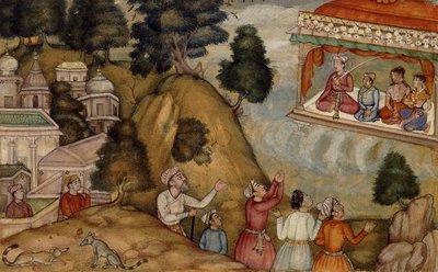 Dorpelingen brengen eerbetoon aan een man en zijn familie zittend op een versierde veranda, c.1585 door Mughal School
