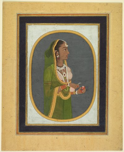 Hofdame schenkt wijn in, ca. 1760; randen ca. 1830 (dekkende aquarel, inkt en goud op papier) door Muhammad Riza i Hindi