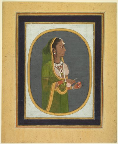 Hofdame schenkt wijn, ca. 1760, randen ca. 1830s door Muhammad Rizavi Hindi