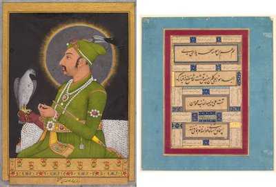 Postuum portret van de Mughal keizer Muhammad Shah (geregeerd 1719-1748) met een valk (recto); Calligrafie (verso) door Muhammad Rizavi Hindi