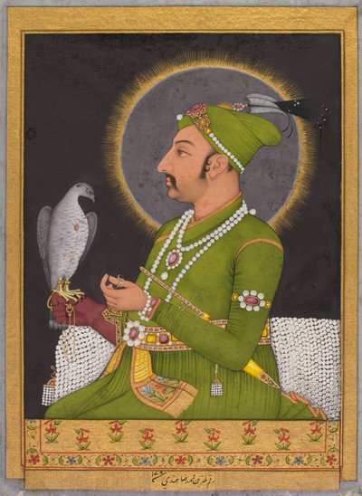 Postuum portret van de Mughal keizer Muhammad Shah regeerde 1719-1748...recto, 1764 door Muhammad Rizavi Hindi