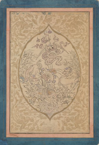 Een Verzameling Mythische Wezens rond een Lotusblad, gedateerd Shawwal A.H. 1088A.D. 1677 door Mu