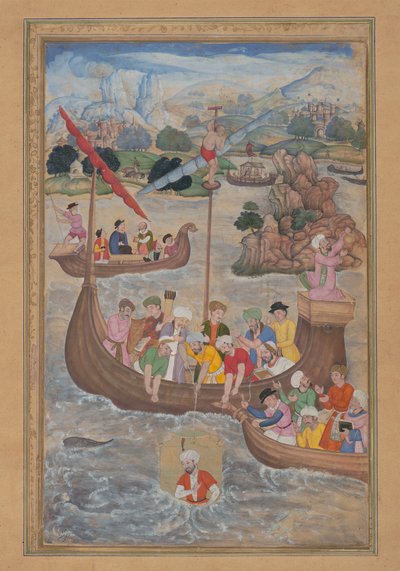 Alexander wordt in de zee neergelaten, Folio uit een Khamsa Quintet van Amir Khusrau..., 1597-98 door Mukund