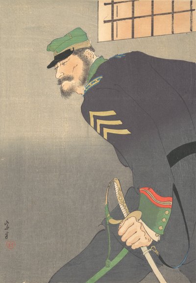 Print, soldaat met zwaard door Munakata