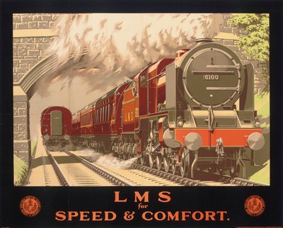 LMS voor snelheid en comfort, poster reclame voor de London, Midland en Scottish Railway door Murray Secretan