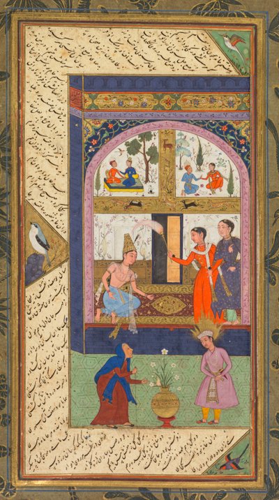 Zulaykha in haar paleis en als oude vrouw met Joseph, uit een Panj Ganj (Vijf Schatten) van Abd al-Rahman Jami; Verso: Uit een Panj Ganj van Abd al-Rahman Jami, met twee masnavis: Yusuf va Zulaykha (Joseph en Zulaykha) door Mushfiq
