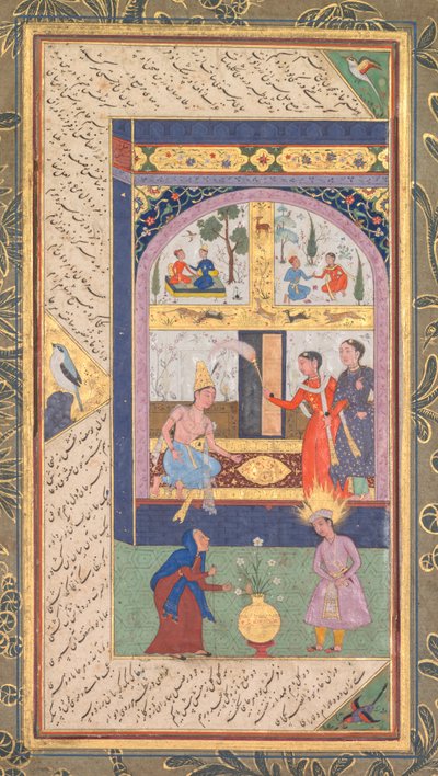 Zulaykha in haar paleis en als oude vrouw met Joseph, uit een Panj Ganj (Vijf Schatten) van Abd al-Rahman Jami (recto) door Mushfiq