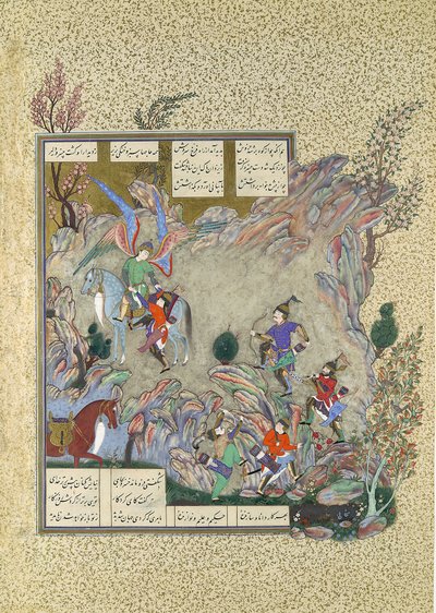 De engel Surush redt Khusrau Parviz uit een doodlopende straat, folio 708v uit de..., ca. 1530-35 door Muzaffar 