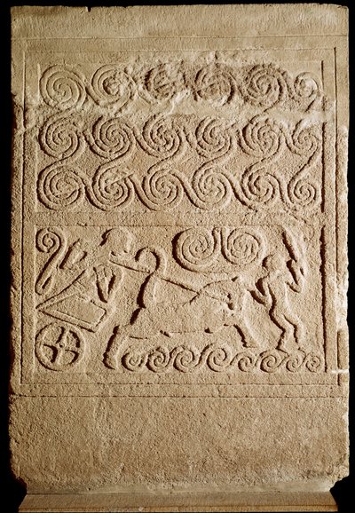 Myceense kunst: grafstèle in kalksteen met voorstelling van een gevecht uit Mycene. 16e eeuw v.Chr. Athene, Nationaal Archeologisch Museum door Mycenaean