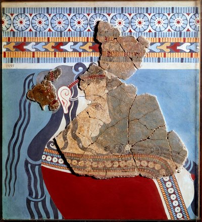Myceense kunst: vrouwenbuste. Fragment van fresco uit het paleis van Tiryns en reconstructie door Mycenaean