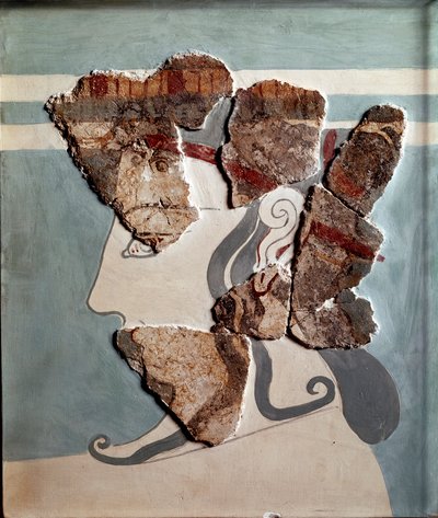 Myceense kunst: vrouwenhoofd. Fragment van fresco uit het paleis van Tiryns door Mycenaean