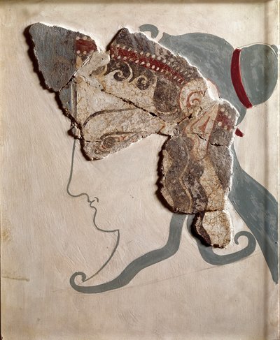 Myceense kunst: vrouwelijk hoofd. Fragment van fresco uit het paleis van Tiryns door Mycenaean