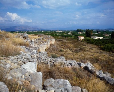 Ruïnes van de vesting van de citadel: locatie van de oude stad Tiryns, rond 1200 v.Chr. Griekenland door Mycenaean