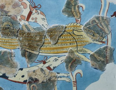 Fresco uit Tirinto-paleis (Griekenland). Detail: groep honden die een wild zwijn aanvallen. Myceense beschaving door Mycenean