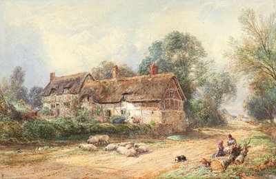 Een Huisje met Rieten Dak aan een Weg door Myles Birket Foster