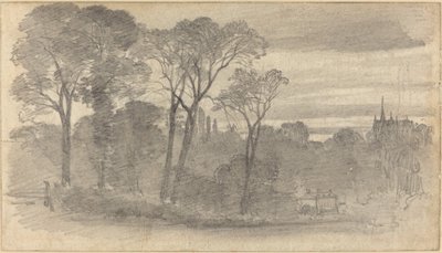 Een avondlandschap met een verre kathedraal door Myles Birket Foster