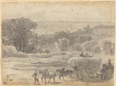Avondlandschap met een hooiwagen door Myles Birket Foster