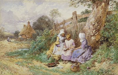 Kinderen lezen naast een landweg door Myles Birket Foster