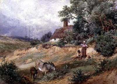 Kinderen en ezels bij een heidehuisje door Myles Birket Foster