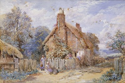 Kinderen bij een Huisje met Rieten Dak in Chiddingfold door Myles Birket Foster