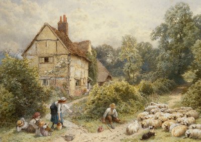 Fowl House Farm, Witley, met Kinderen, een Herder en een Kudde Schapen in de Buurt door Myles Birket Foster