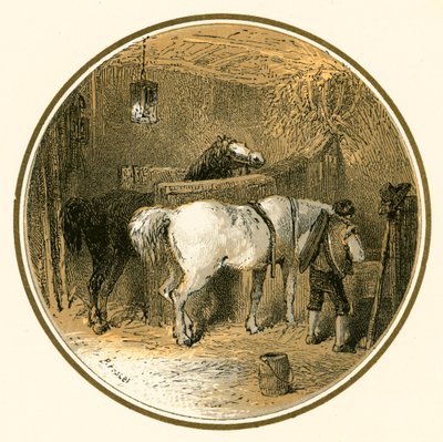 Paarden in de stal door Myles Birket Foster