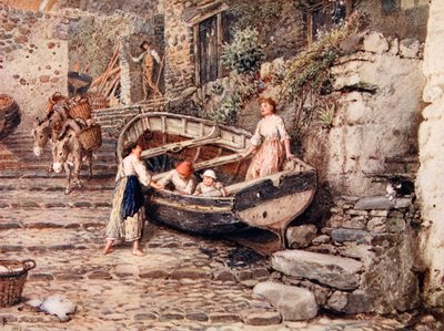 Uitzicht op Clovelly, met gestrand schip en figuren, 1882 door Myles Birket Foster