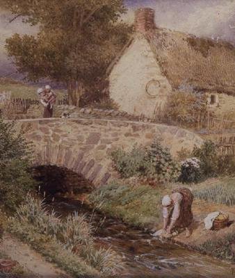 Vrouw die Kleren Wast in een Stroom door Myles Birket Foster