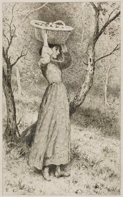 Jong meisje in een boomgaard met een mand fruit door Myles Birket Foster