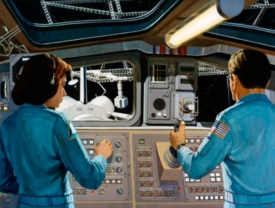 Binnen in een futuristisch ruimtestation, ca. 1970s door NASA Images