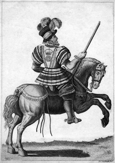 Een Yeoman van de Garde, aanwezig bij koningin Elizabeth I tijdens een progressie door N. C. Goodnight