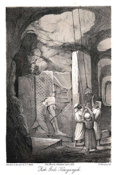 Opgraving van een laag-reliëf beeldhouwwerk van de visgod Dagon, Nineveh, 1853 door N. Chevalier
