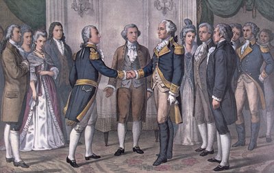 De eerste ontmoeting van Generaal George Washington en de Markies de La Fayette, Philadelphia, 3 augustus 1777, gepubliceerd in 1876 door N. and Ives J.M. (after) Currier