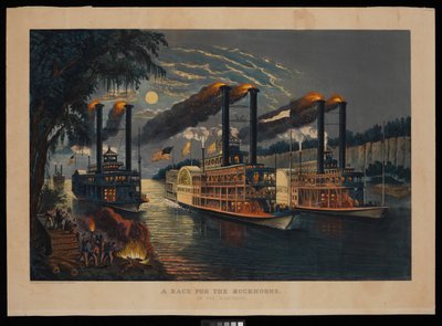 Een race voor de bokhoorns op de Mississippi door N. and Ives J.M. (1824 95) Currier