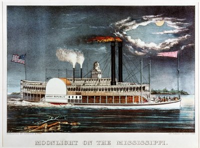 Maanlicht op de Mississippi, stoomschip Great Republic ... (gekleurde print) door N. and Ives J.M. (1824-95) Currier