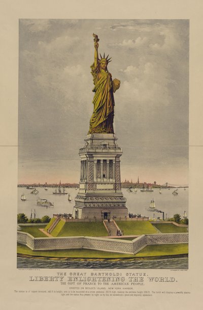 Het Grote Bartholdi Standbeeld, Vrijheid Verlicht de Wereld, Het Geschenk van Frankrijk aan het Amerikaanse Volk, c.1885 (chromolithografie) door Currier and Ives