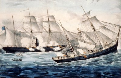 Amerikaanse oorlogssloep bij Cherbourg, Frankrijk, zondag 19 juni 1864. Illustratie door Currier & Ives. door N. Currier and Ives J.M.