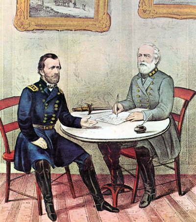 Amerikaanse Burgeroorlog: Generaals Grant (links) en Lee ontmoeten elkaar op Palmzondag 1865 om de voorwaarden voor de overgave van Lee