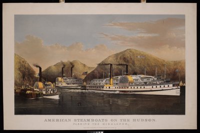 Amerikaanse stoomschepen op de Hudson. Voorbij de Hooglanden. Drew, St John en Excelsior door N. and Ives J.M. (1824 95) Currier