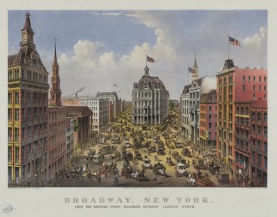 Broadway, New York vanaf het Western Union telegraafgebouw naar het noorden kijkend door Currier and Ives